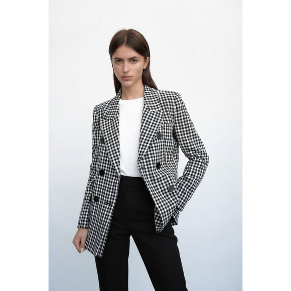 Zara Jackets & Blazers - ZARA Black White Gingham Double Breasted Blazer Small Structured Cotton Jacket